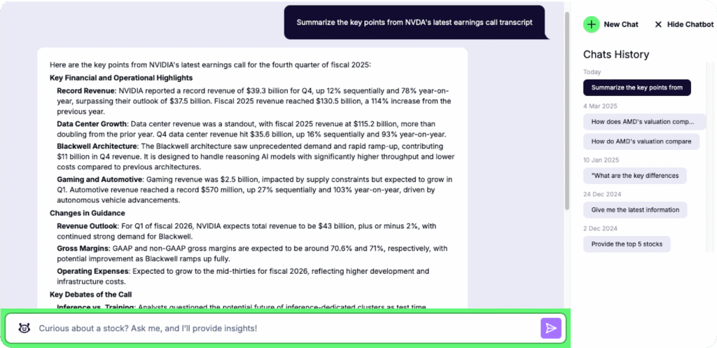 Gainify AI stock analyst trained specifically for investing research
