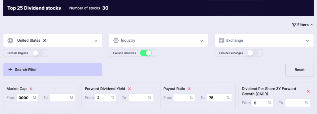 Top 25 Dividend Stocks - gainify.io screener