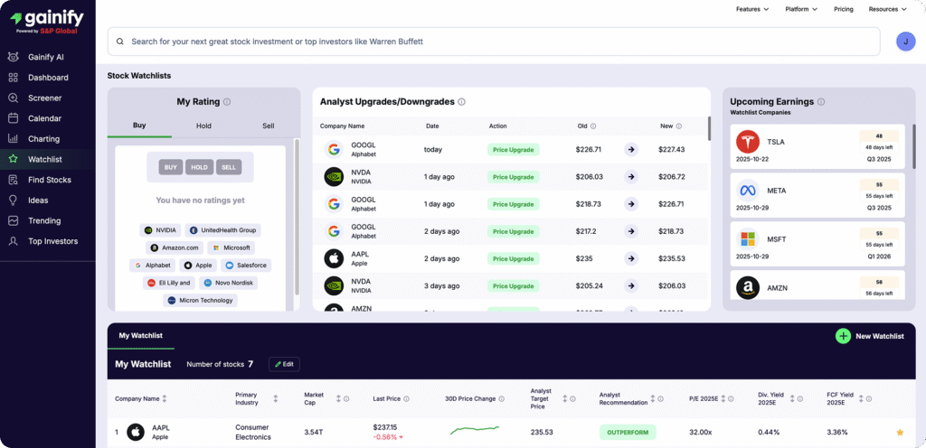 best stock watchlist app - Gainify.io - Best for AI-Powered Investment Intelligence